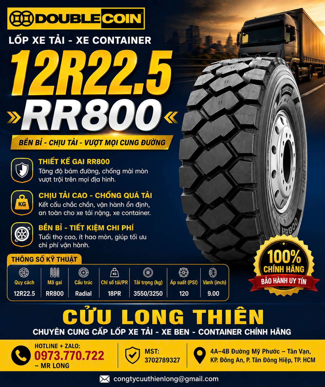 LỐP XE 12R22.5 DOUBLE COIN GAI RR800