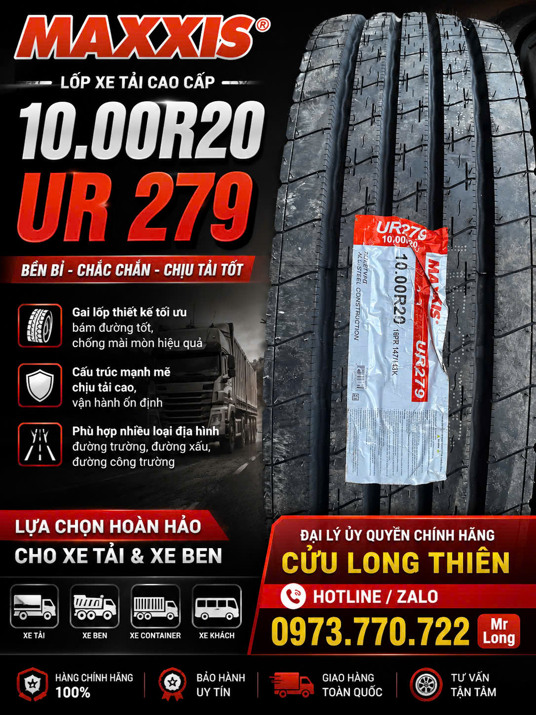 📋 THÔNG SỐ KỸ THUẬT LỐP XE 10.00R20 MAXXIS UR279 THÔNG SỐ CHI TIẾT Thương hiệu MAXXIS Model / Kiểu gai UR279 Kích thước lốp 10.00R20 Cấu trúc Radial (Lốp bố thép) Số lớp bố (PR) 16PR Loại lốp Không săm (Tubeless) Mâm sử dụng 20 inch Thông số tải/tốc độ 150/146K (tùy phiên bản) Kiểu gai UR279 – Gai đường trường, đa vị trí Vị trí sử dụng Trục lái, trục kéo, đa vị trí Ứng dụng Xe tải nặng, xe khách, xe vận tải đường dài Đặc điểm nổi bật Bền bỉ, chịu tải tốt, chống mòn đều