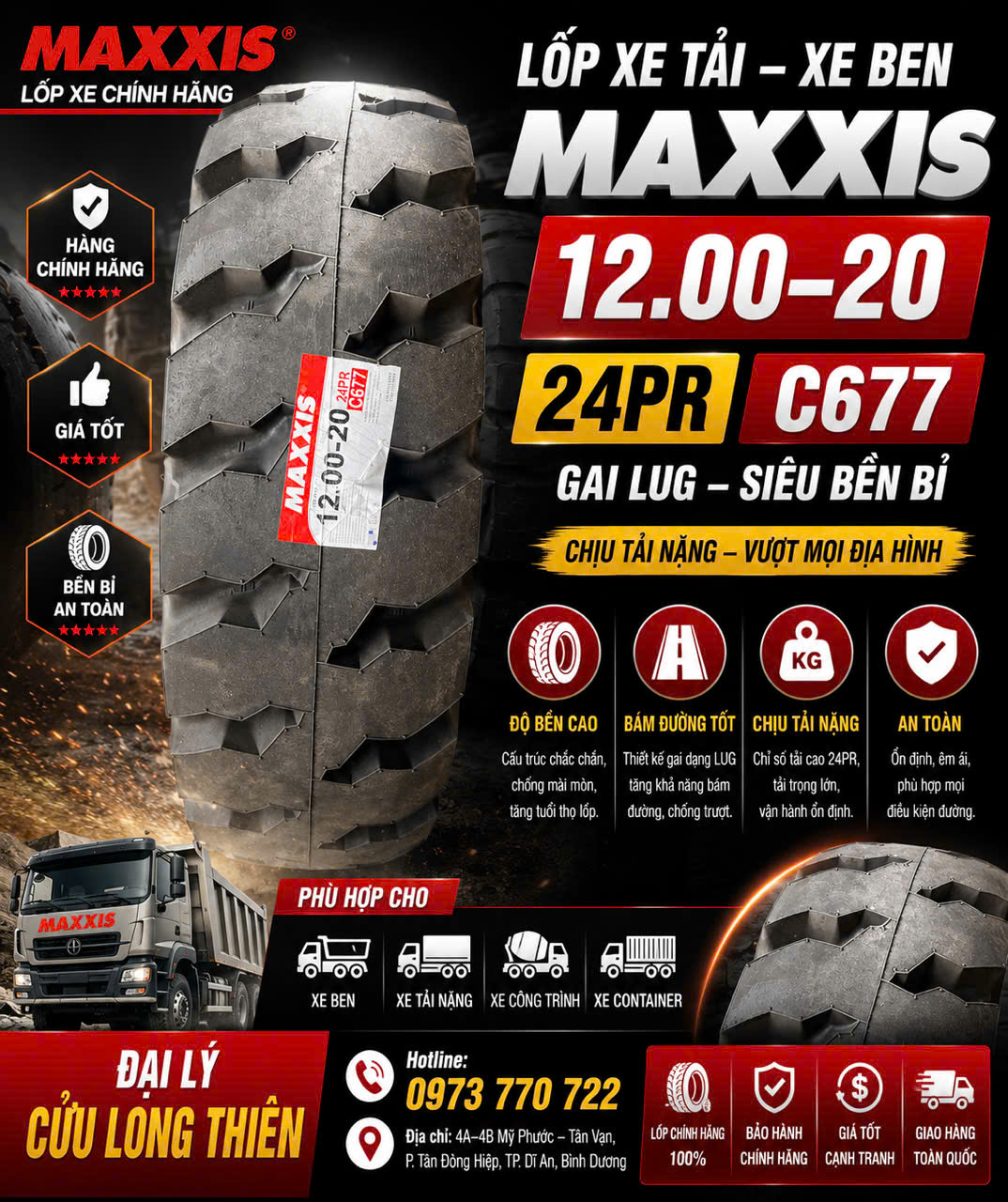 LỐP XE MAXXIS 12.00-20 24PR GAI C677