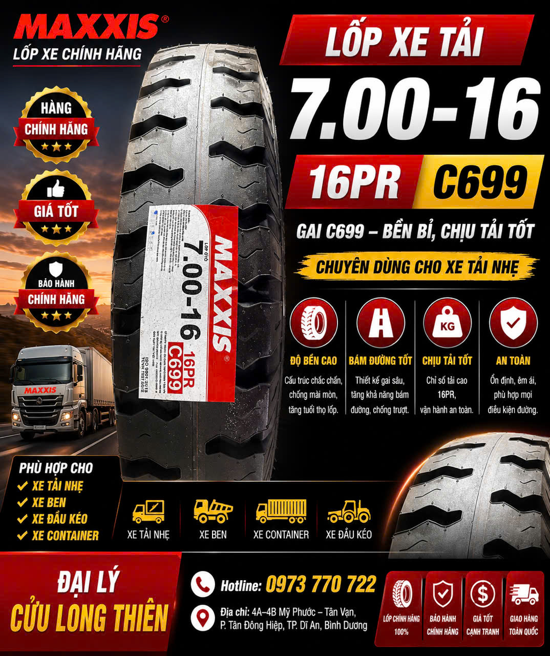 LỐP XE MAXXIS 7.00-16 16PR GAI 699