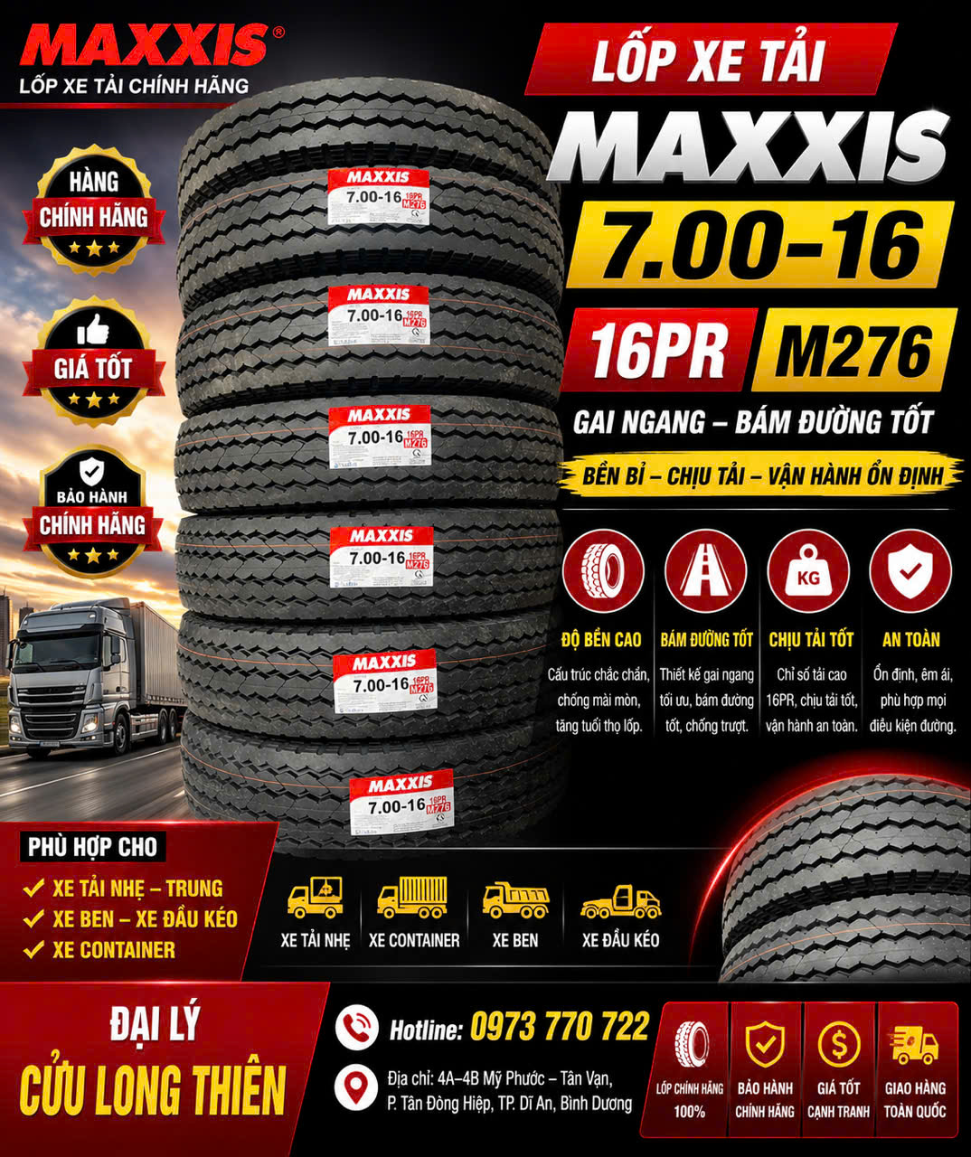 LỐP XE MAXXIS 7.00-16 16PR GAI M276