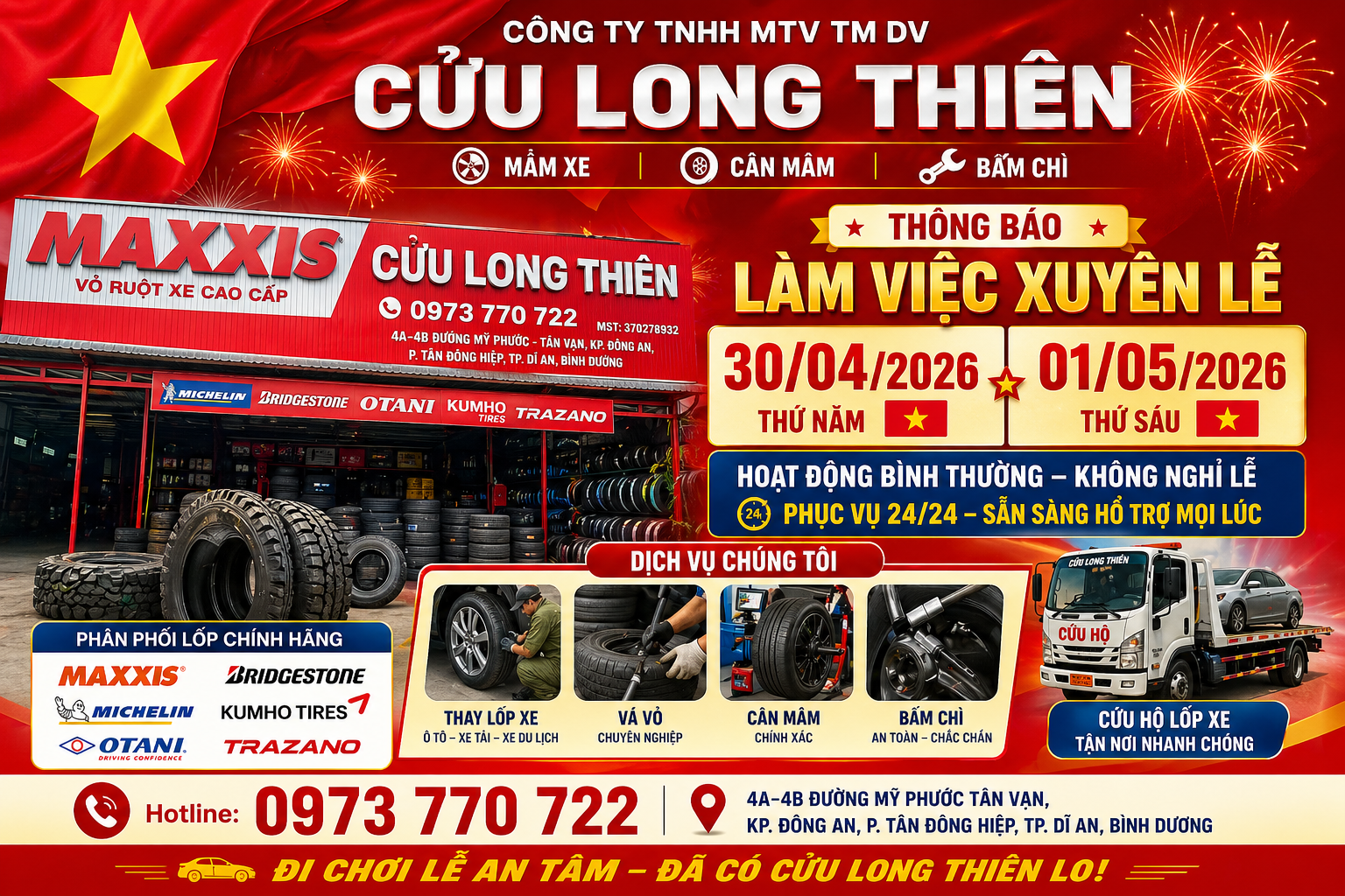 TRUNG TÂM DỊCH VỤ THAY LỐP XE XUYÊN CÁC NGÀY LẾ 30/04 & 01/05