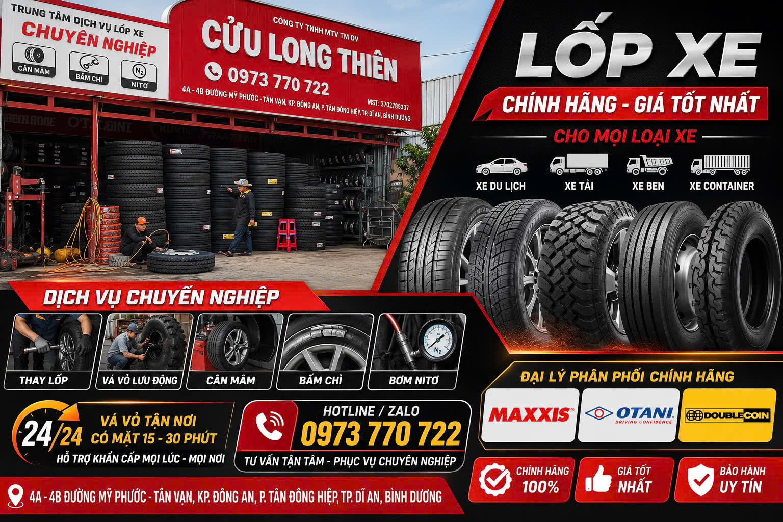 Vá Vỏ Xe Ô Tô Lưu Động Dĩ An | Có Mặt Nhanh 15 Phút
