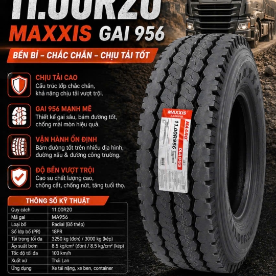 LỐP XE 11.00R20 MAXXIS GAI M956  CÓ RUỘT YẾM