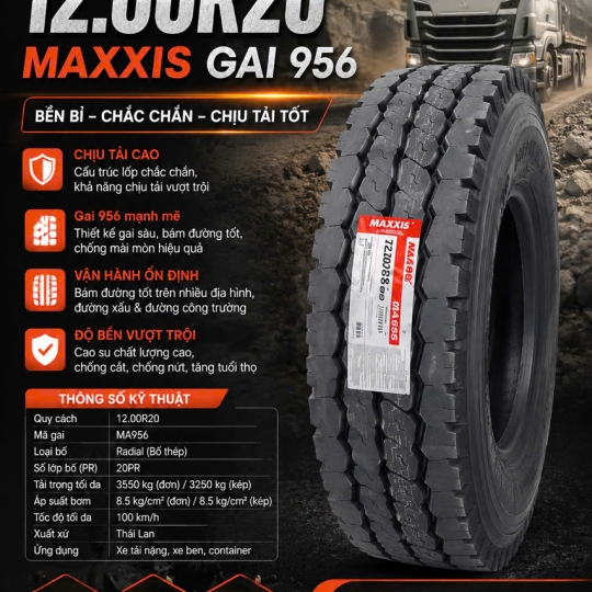 LỐP XE 12.00R20 MAXXIS GAI M956 CÓ RUỘT YẾM