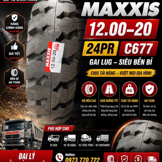 LỐP XE MAXXIS 12.00-20 24PR GAI C677 ( có ruột yếm )