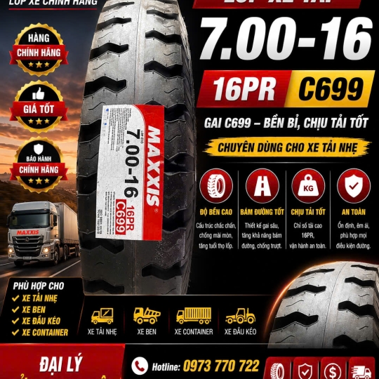 LỐP XE MAXXIS 7.00-16 16PR GAI 699  (có ruột yếm )