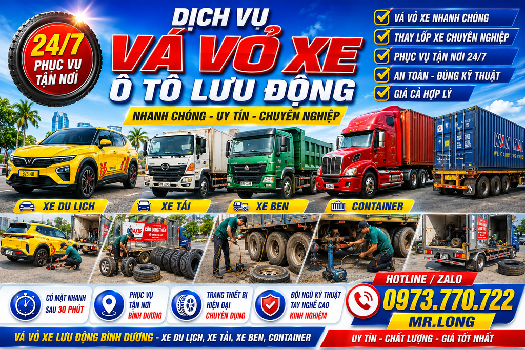 Vá Vỏ Xe Tải Lưu Động Thuận An Bình Dương - Cứu Hộ Lốp 24/7 Giá Rẻ