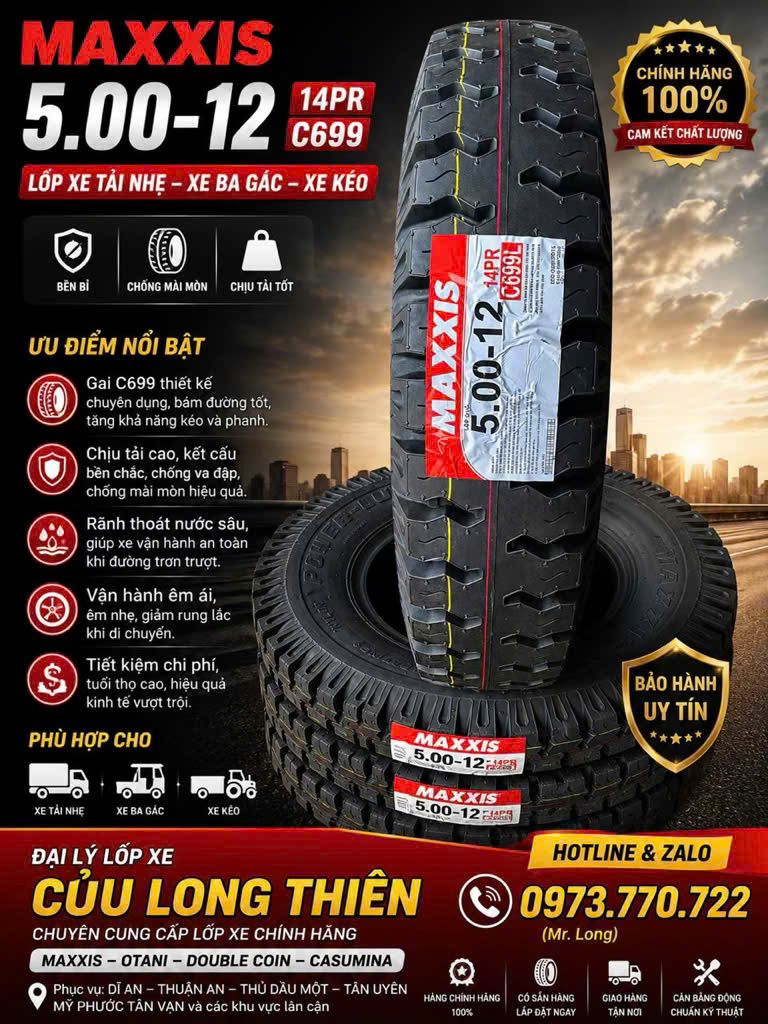 Lốp Xe 5.00-12 Maxxis 14PR Gai 699 Chính Hãng Giá Tốt Nhất